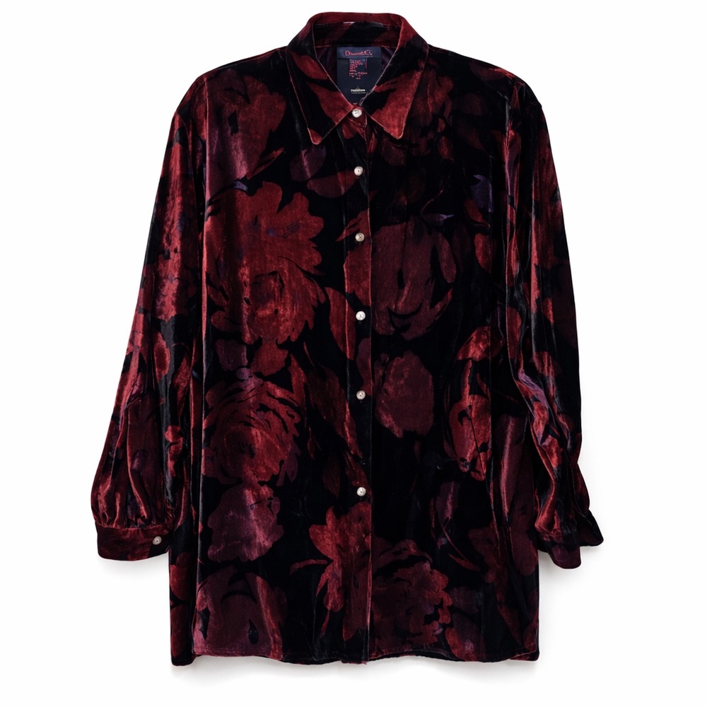 Denim & Co Vintage Velvet Floral Button Down Shirt Burgundy Black Size L